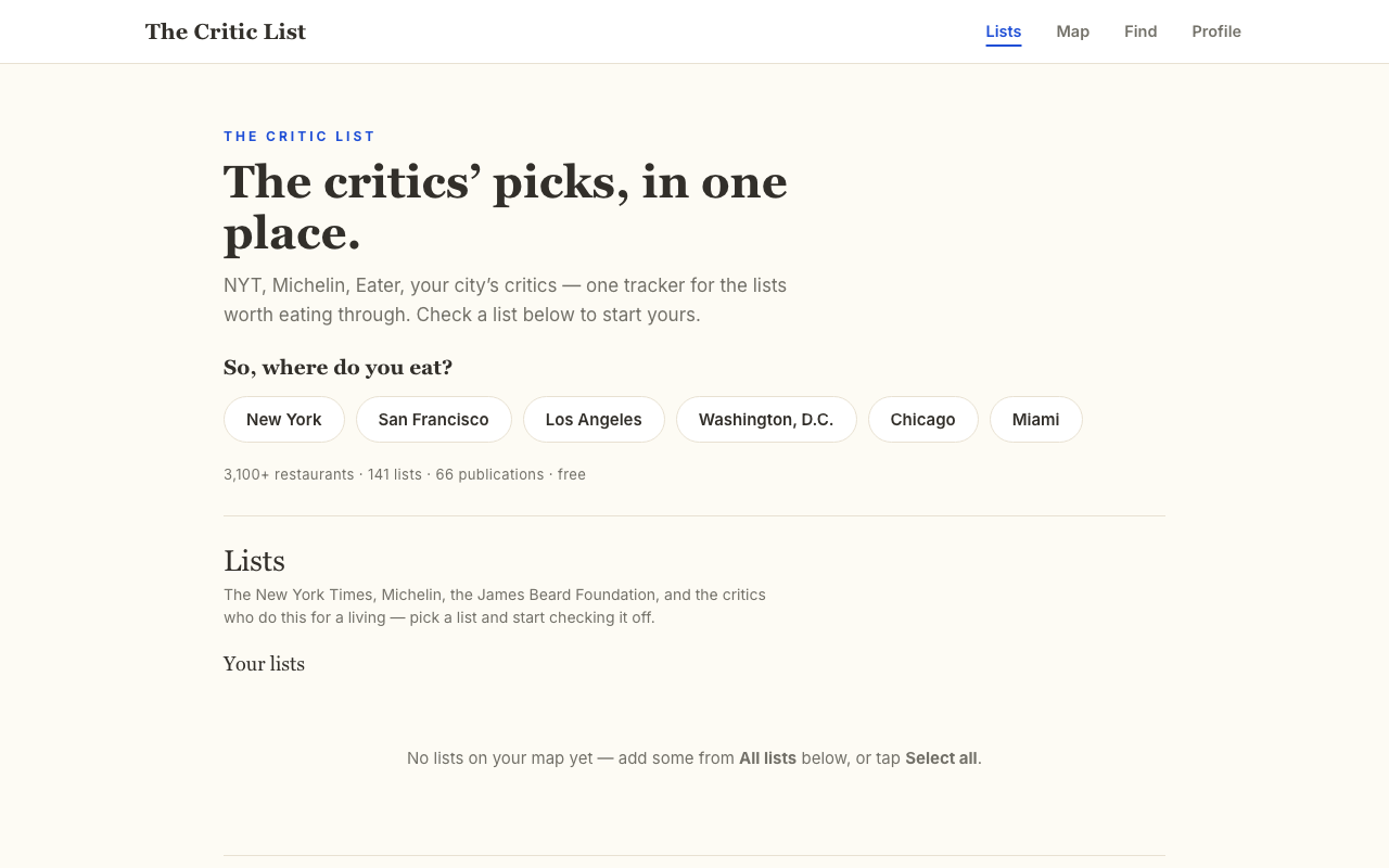 The Critic List homepage: the critics' picks, in one place.