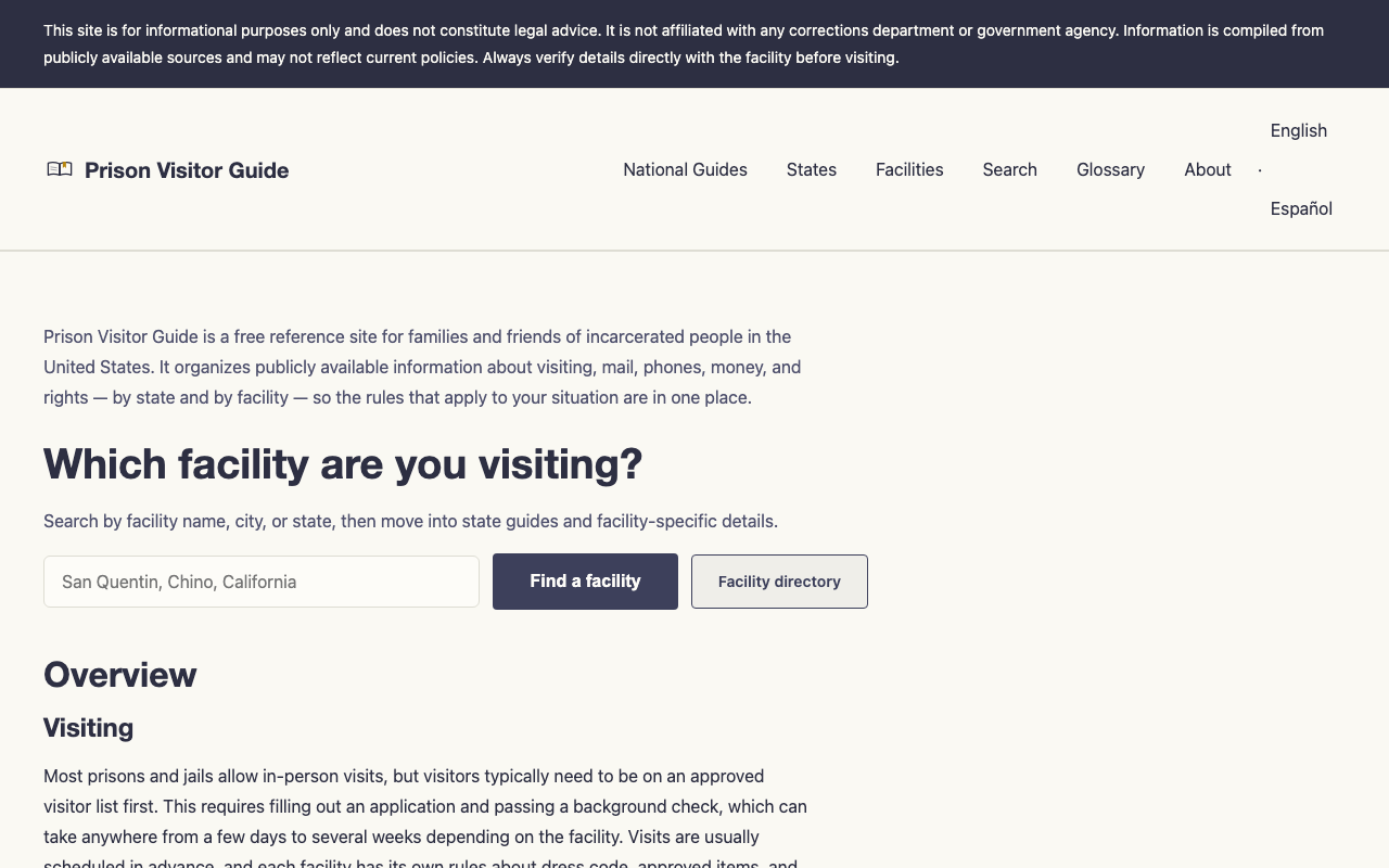 The Prison Visitor Guide homepage: which facility are you visiting?
